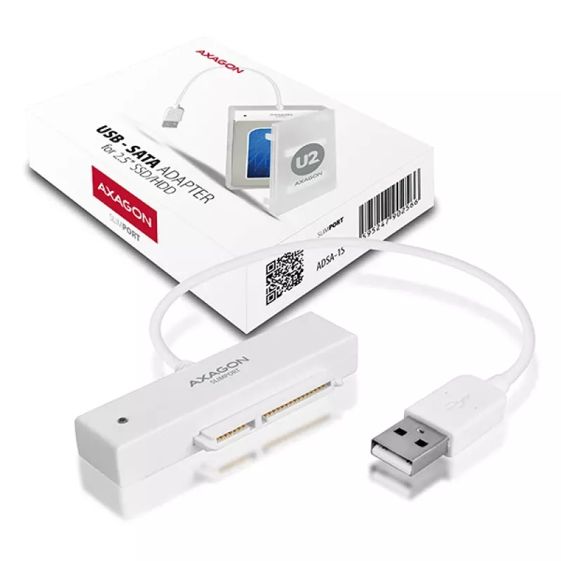 Axagon ADSA-1S USB 2.0 - 2,5 collu HDD SATA, HDD/SSD korpuss, 2,5 collu, Serial ATA, Serial ATA II, Serial ATA III, 0,48 Gbit/s, USB savienojums, Balts