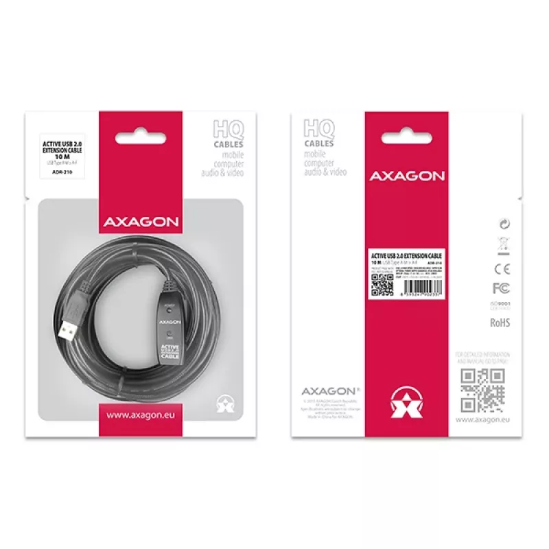 Axagon ADR-210 USB 2.0 A-M -> A-F aktīvs pagarinātāja/retranslatora kabelis 10m