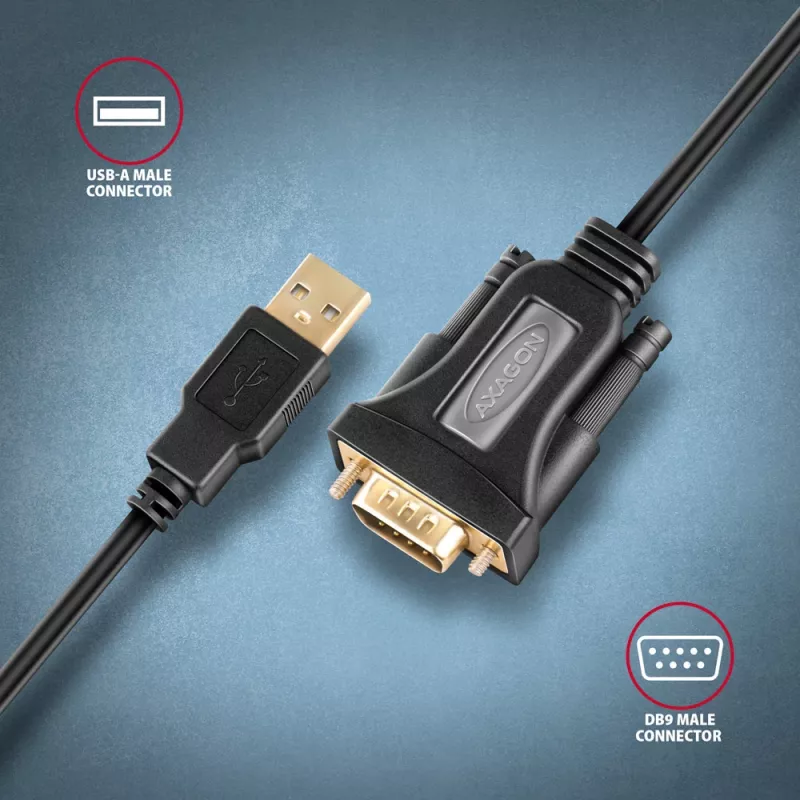 Axagon ADS-1PQN USB-A 2.0 - seriālais RS-232 DB9-M FTDI adaptera kabelis