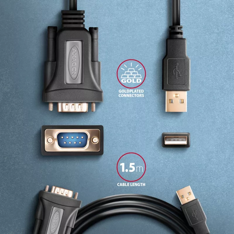 Axagon ADS-1PQN USB-A 2.0 - seriālais RS-232 DB9-M FTDI adaptera kabelis