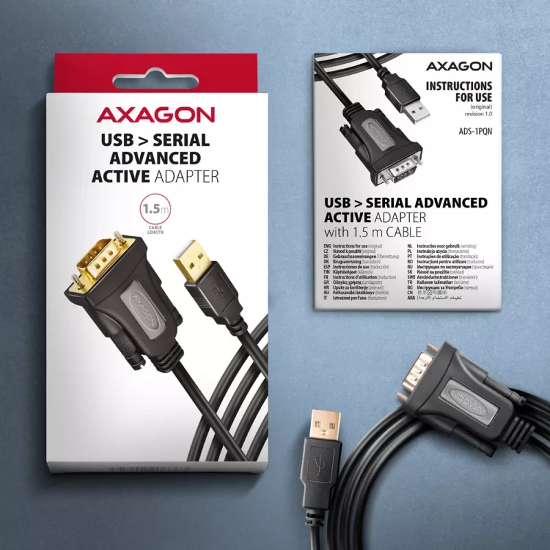 Axagon ADS-1PQN USB-A 2.0 - seriālais RS-232 DB9-M FTDI adaptera kabelis