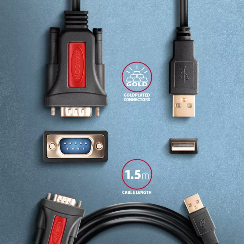 Axagon ADS-1PSN USB-A 2.0 - seriālais RS-232 DB9-M Prolific adaptera kabelis 1,5 m