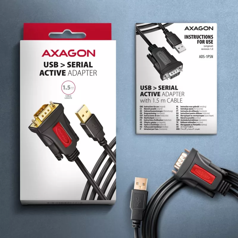 Axagon ADS-1PSN USB-A 2.0 - seriālais RS-232 DB9-M Prolific adaptera kabelis 1,5 m