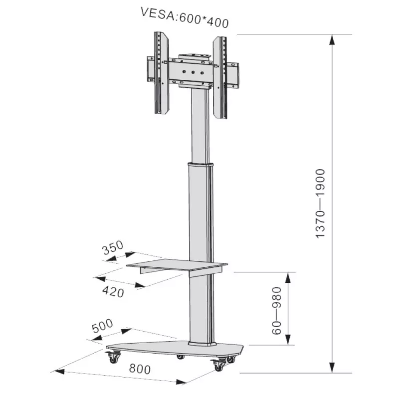 Techly grīdas statīvs ar plauktu ratiņiem TV LCD/LED/Plasma 37-70 collas sudraba