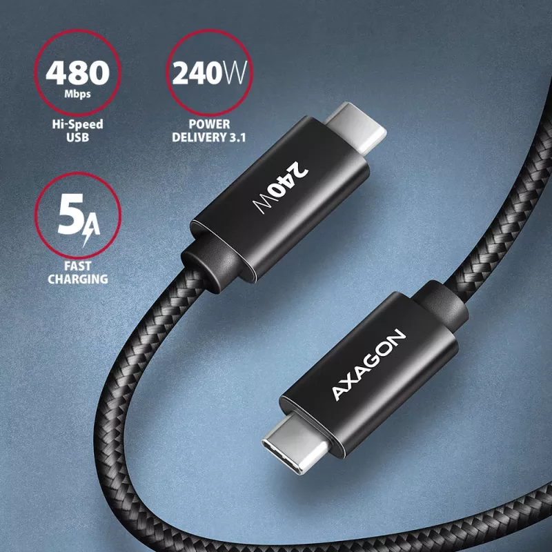 Axagon BUCM2-CM10AB Datu un uzlādes USB 480Mbps kabelis 1 m. PD 240W, 5A. Melns pīts