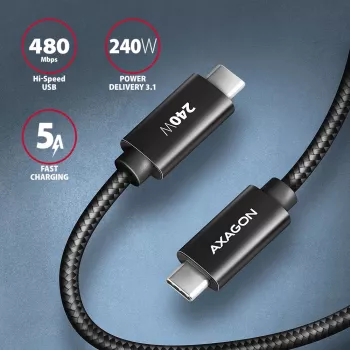 Axagon BUCM2-CM25AB Datu un uzlādes USB 480Mbps kabelis 2,5 m. PD 240W, 5A. Melns pīts