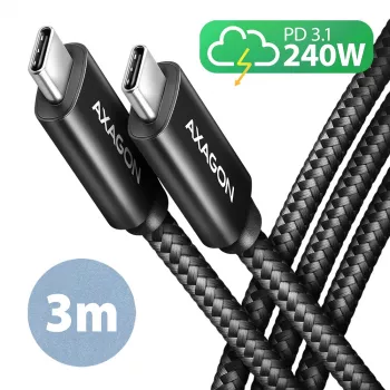 Axagon BUCM2-CM30AB Datu un uzlādes USB 480Mbps kabelis 3 m. PD 240W, 5A. Melns pīts
