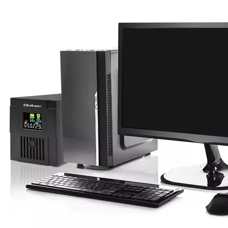 Nepārtrauktās barošanas avots QOLTEC 53770, līnijinteraktīvais UPS 1.5 kVA (900 W), 2 C13 kontaktligzdas, AVR, LCD, USB Type-B