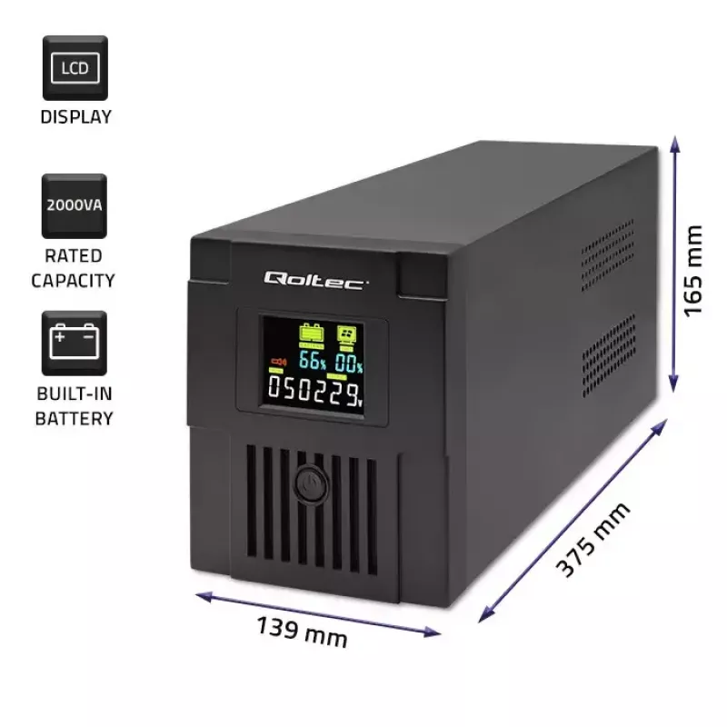 Nepārtrauktās barošanas avots Qoltec 53771 2 kVA 1200 W 2 AC kontaktligzdas