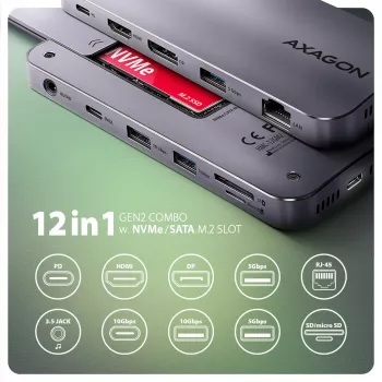 Axagon HMC-12GM2, USB 10Gbps centrmezgls, 3x USB-A, USB-C, HDMI, DP, RJ-45, M.2, SD/mSD, audio, PD