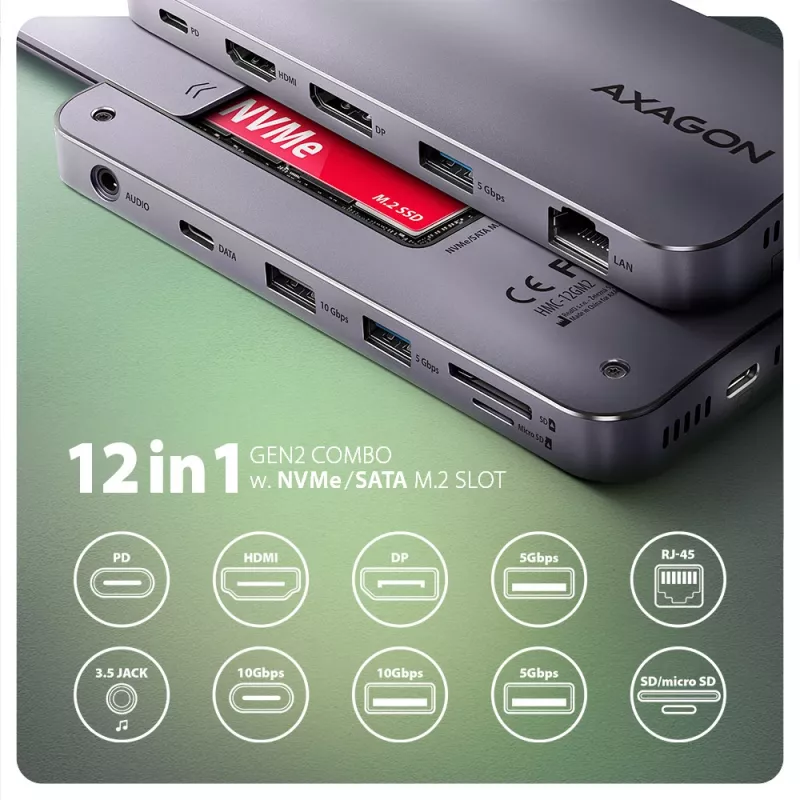 Axagon HMC-12GM2, USB 10Gbps centrmezgls, 3x USB-A, USB-C, HDMI, DP, RJ-45, M.2, SD/mSD, audio, PD
