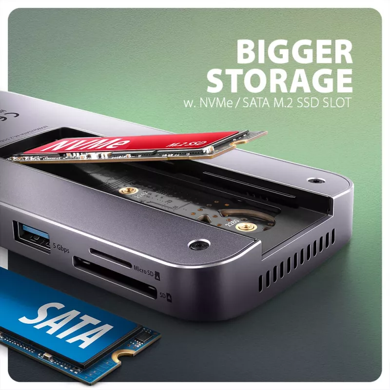 Axagon HMC-12GM2, USB 10Gbps centrmezgls, 3x USB-A, USB-C, HDMI, DP, RJ-45, M.2, SD/mSD, audio, PD