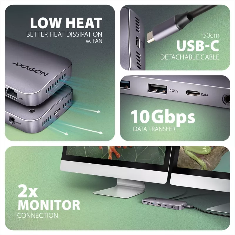 Axagon HMC-12GM2, USB 10Gbps centrmezgls, 3x USB-A, USB-C, HDMI, DP, RJ-45, M.2, SD/mSD, audio, PD