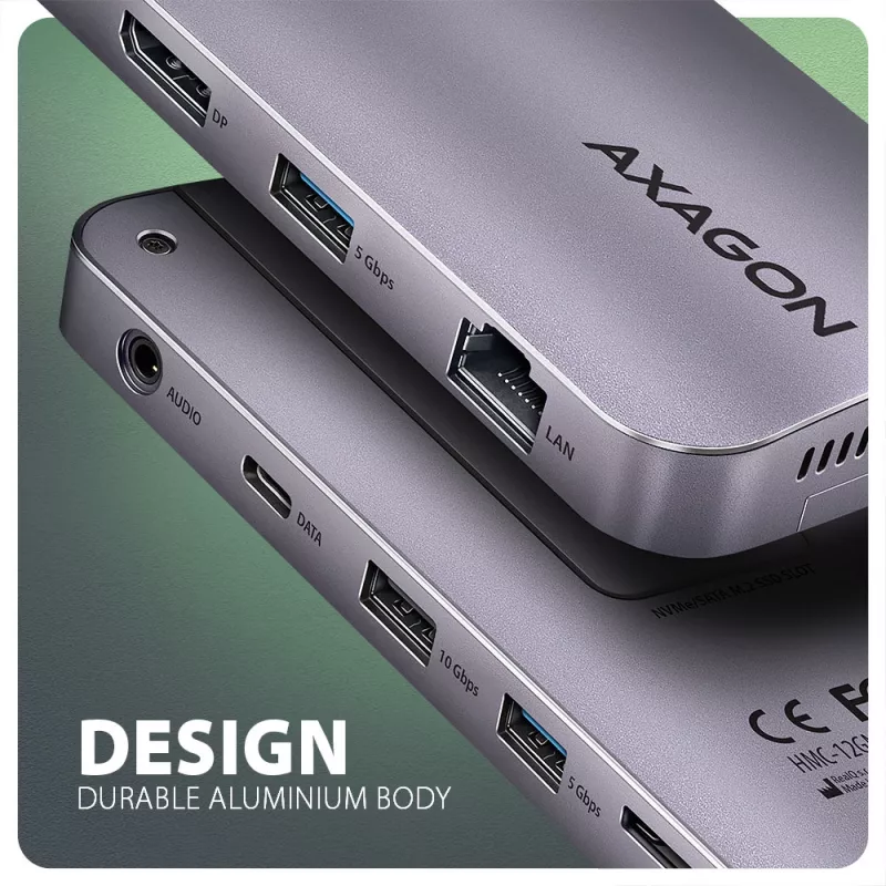 Axagon HMC-12GM2, USB 10Gbps centrmezgls, 3x USB-A, USB-C, HDMI, DP, RJ-45, M.2, SD/mSD, audio, PD