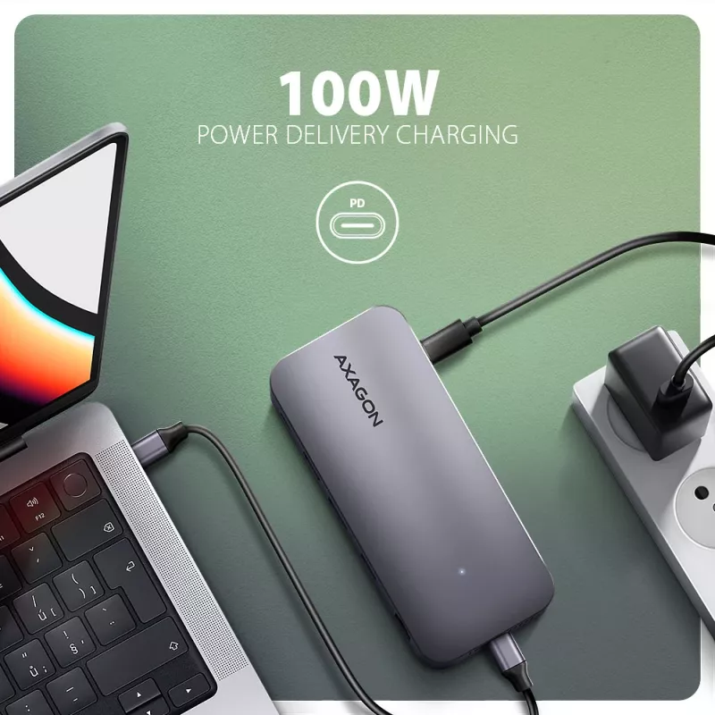 Axagon HMC-12GM2, USB 10Gbps centrmezgls, 3x USB-A, USB-C, HDMI, DP, RJ-45, M.2, SD/mSD, audio, PD