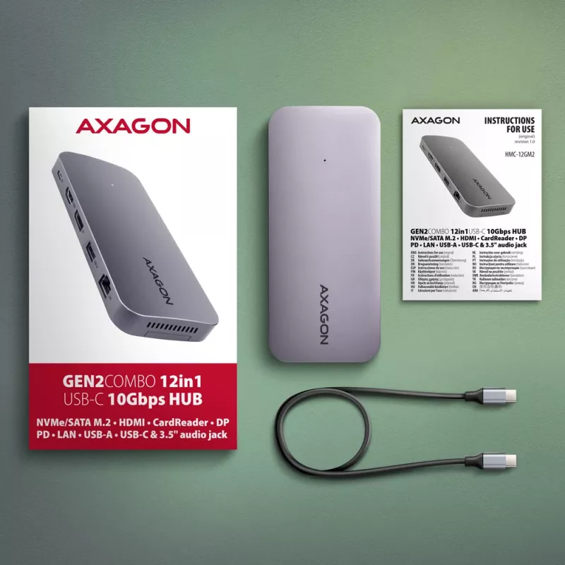 Axagon HMC-12GM2, USB 10Gbps centrmezgls, 3x USB-A, USB-C, HDMI, DP, RJ-45, M.2, SD/mSD, audio, PD
