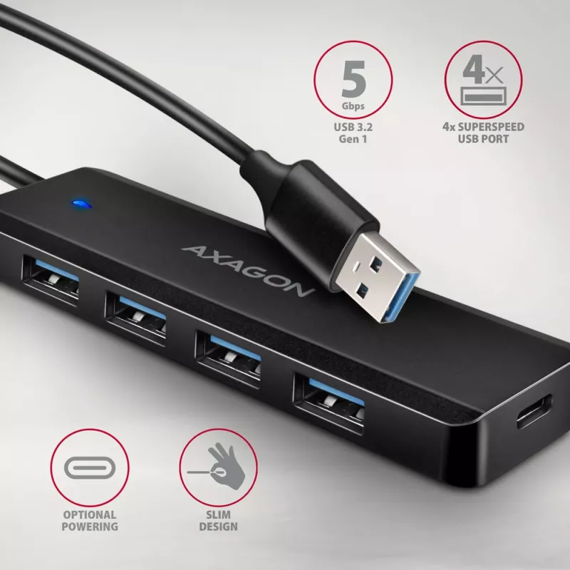 Axagon HUE-C1A 4x USB 5Gbps TRAVEL centrmezgls, USB-C barošanas ieeja, 19 cm USB-A kabelis