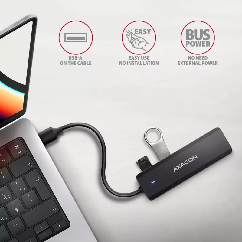 Axagon HUE-C1A 4x USB 5Gbps TRAVEL centrmezgls, USB-C barošanas ieeja, 19 cm USB-A kabelis