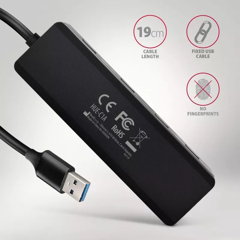 Axagon HUE-C1A 4x USB 5Gbps TRAVEL centrmezgls, USB-C barošanas ieeja, 19 cm USB-A kabelis