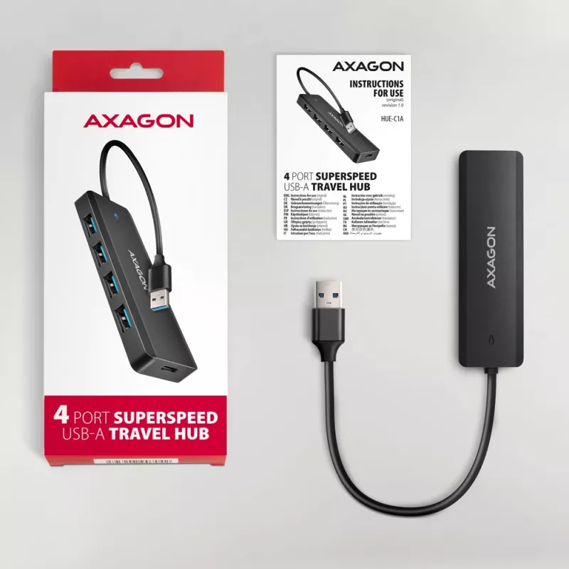 Axagon HUE-C1A 4x USB 5Gbps TRAVEL centrmezgls, USB-C barošanas ieeja, 19 cm USB-A kabelis