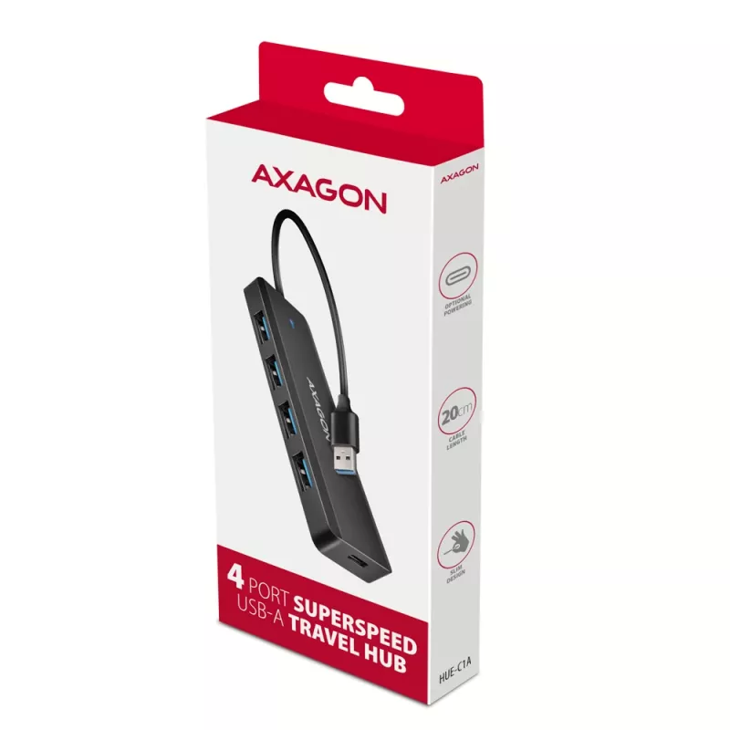 Axagon HUE-C1A 4x USB 5Gbps TRAVEL centrmezgls, USB-C barošanas ieeja, 19 cm USB-A kabelis