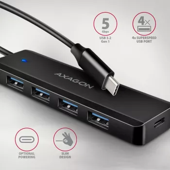Axagon HUE-C1C 4x USB 5Gbps TRAVEL centrmezgls, USB-C barošanas ieeja, 19 cm USB-C kabelis