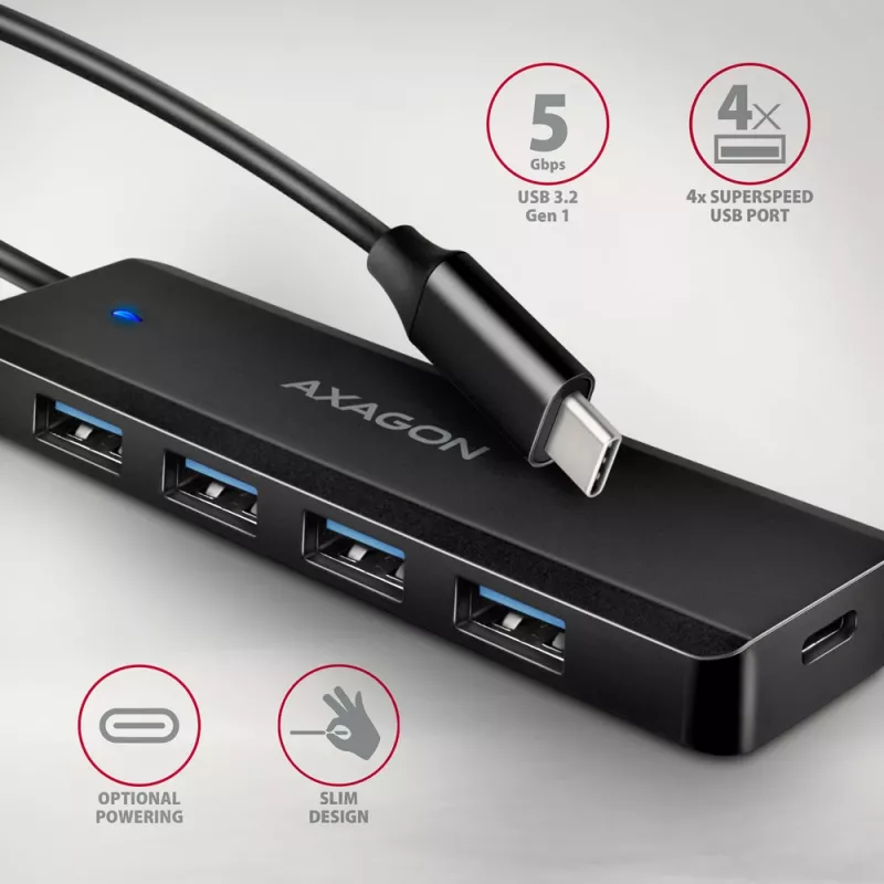 Axagon HUE-C1C 4x USB 5Gbps TRAVEL centrmezgls, USB-C barošanas ieeja, 19 cm USB-C kabelis