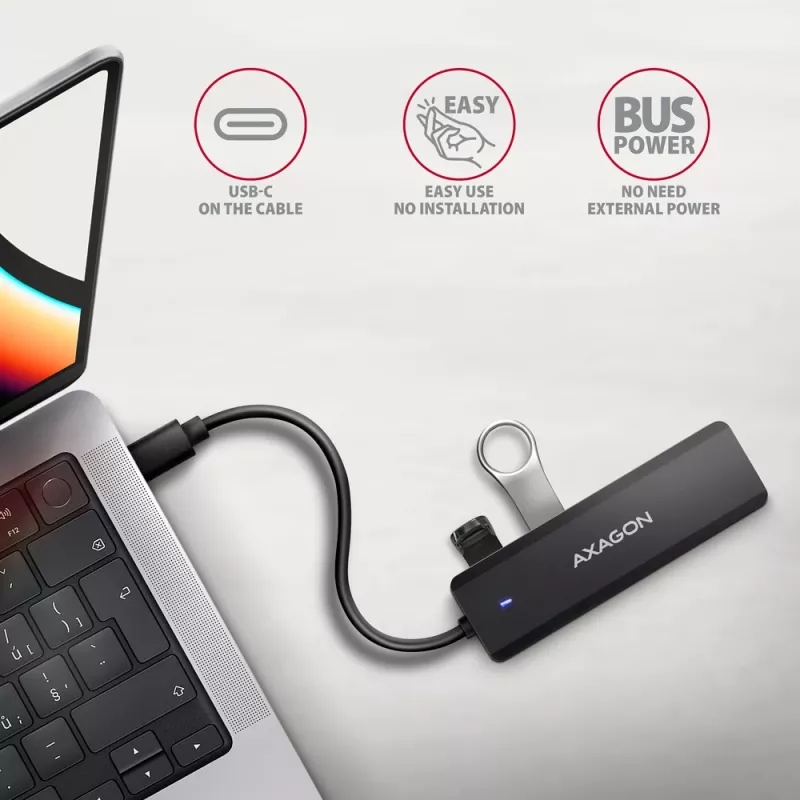 Axagon HUE-C1C 4x USB 5Gbps TRAVEL centrmezgls, USB-C barošanas ieeja, 19 cm USB-C kabelis