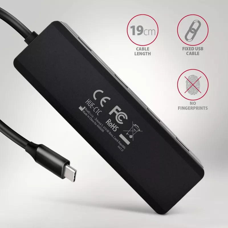 Axagon HUE-C1C 4x USB 5Gbps TRAVEL centrmezgls, USB-C barošanas ieeja, 19 cm USB-C kabelis