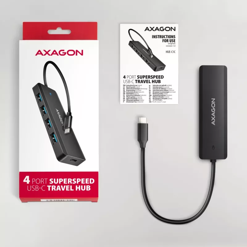 Axagon HUE-C1C 4x USB 5Gbps TRAVEL centrmezgls, USB-C barošanas ieeja, 19 cm USB-C kabelis