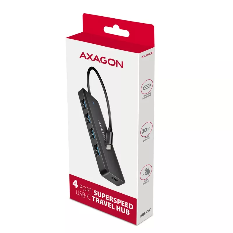 Axagon HUE-C1C 4x USB 5Gbps TRAVEL centrmezgls, USB-C barošanas ieeja, 19 cm USB-C kabelis