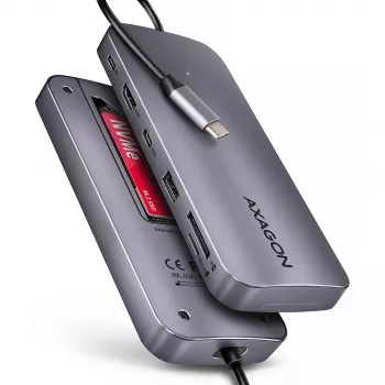 Axagon HMC-6GM2 USB 10Gbps centrmezgls USB-A USB-C HDMI M.2 SD/mSD PD 100W USB-C Vadu USB 3.2 Gen 2 (3.1 Gen 2) Type-C Pelēks