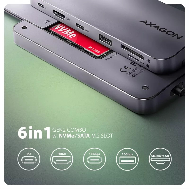 Axagon HMC-6GM2 USB 10Gbps centrmezgls USB-A USB-C HDMI M.2 SD/mSD PD 100W USB-C Vadu USB 3.2 Gen 2 (3.1 Gen 2) Type-C Pelēks