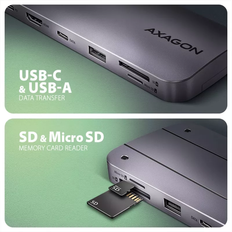 Axagon HMC-6GM2 USB 10Gbps centrmezgls USB-A USB-C HDMI M.2 SD/mSD PD 100W USB-C Vadu USB 3.2 Gen 2 (3.1 Gen 2) Type-C Pelēks