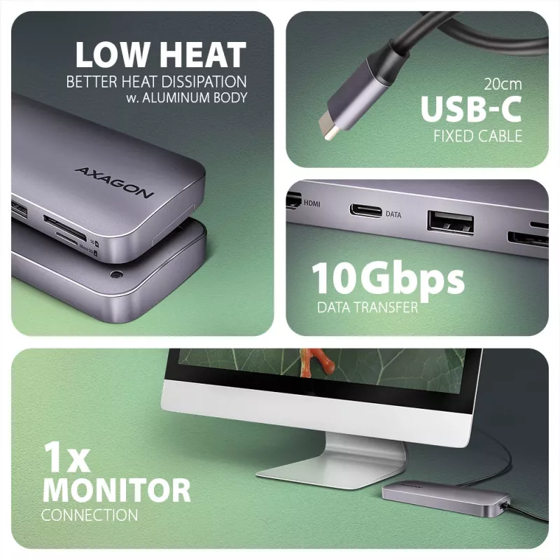 Axagon HMC-6GM2 USB 10Gbps centrmezgls USB-A USB-C HDMI M.2 SD/mSD PD 100W USB-C Vadu USB 3.2 Gen 2 (3.1 Gen 2) Type-C Pelēks
