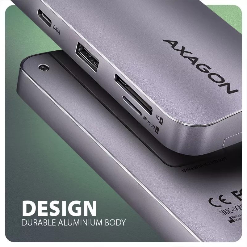Axagon HMC-6GM2 USB 10Gbps centrmezgls USB-A USB-C HDMI M.2 SD/mSD PD 100W USB-C Vadu USB 3.2 Gen 2 (3.1 Gen 2) Type-C Pelēks