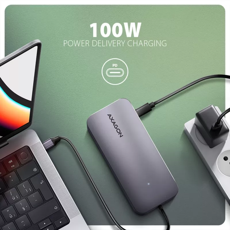 Axagon HMC-6GM2 USB 10Gbps centrmezgls USB-A USB-C HDMI M.2 SD/mSD PD 100W USB-C Vadu USB 3.2 Gen 2 (3.1 Gen 2) Type-C Pelēks