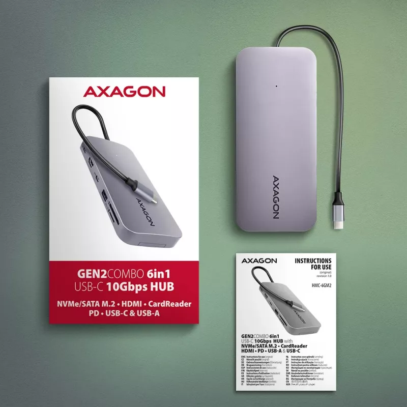 Axagon HMC-6GM2 USB 10Gbps centrmezgls USB-A USB-C HDMI M.2 SD/mSD PD 100W USB-C Vadu USB 3.2 Gen 2 (3.1 Gen 2) Type-C Pelēks