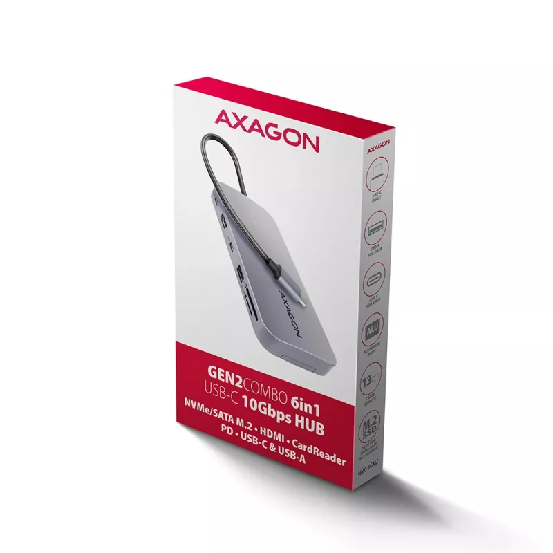 Axagon HMC-6GM2 USB 10Gbps centrmezgls USB-A USB-C HDMI M.2 SD/mSD PD 100W USB-C Vadu USB 3.2 Gen 2 (3.1 Gen 2) Type-C Pelēks