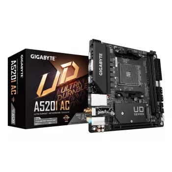 GIGABYTE A520I AC mātesplate — atbalsta AMD Ryzen 5000 sērijas AM4 procesorus, 6 fāžu digitālais VRM, līdz 5300MHz DDR4 (OC), 1xPCIe 3.0 M.2, WIFI, GbE LAN, USB 3.2 Gen1