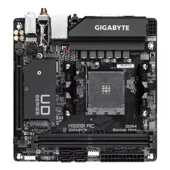 GIGABYTE A520I AC mātesplate — atbalsta AMD Ryzen 5000 sērijas AM4 procesorus, 6 fāžu digitālais VRM, līdz 5300MHz DDR4 (OC), 1xPCIe 3.0 M.2, WIFI, GbE LAN, USB 3.2 Gen1