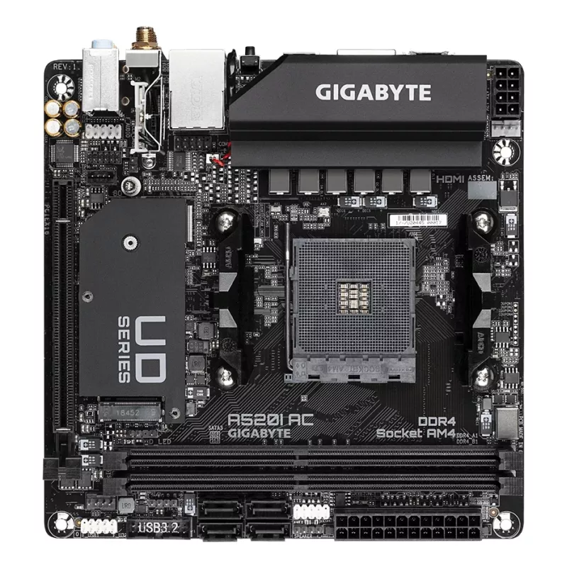 GIGABYTE A520I AC mātesplate — atbalsta AMD Ryzen 5000 sērijas AM4 procesorus, 6 fāžu digitālais VRM, līdz 5300MHz DDR4 (OC), 1xPCIe 3.0 M.2, WIFI, GbE LAN, USB 3.2 Gen1