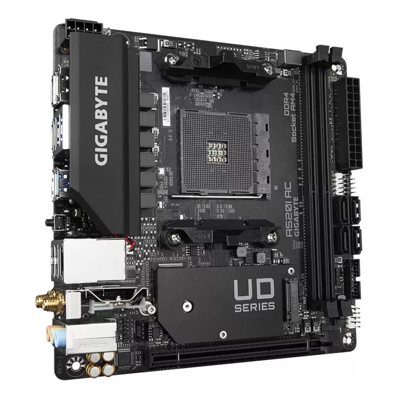 GIGABYTE A520I AC mātesplate — atbalsta AMD Ryzen 5000 sērijas AM4 procesorus, 6 fāžu digitālais VRM, līdz 5300MHz DDR4 (OC), 1xPCIe 3.0 M.2, WIFI, GbE LAN, USB 3.2 Gen1