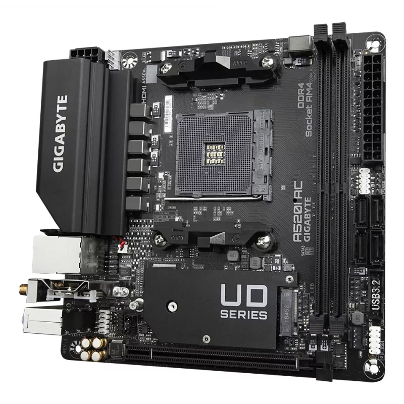GIGABYTE A520I AC mātesplate — atbalsta AMD Ryzen 5000 sērijas AM4 procesorus, 6 fāžu digitālais VRM, līdz 5300MHz DDR4 (OC), 1xPCIe 3.0 M.2, WIFI, GbE LAN, USB 3.2 Gen1