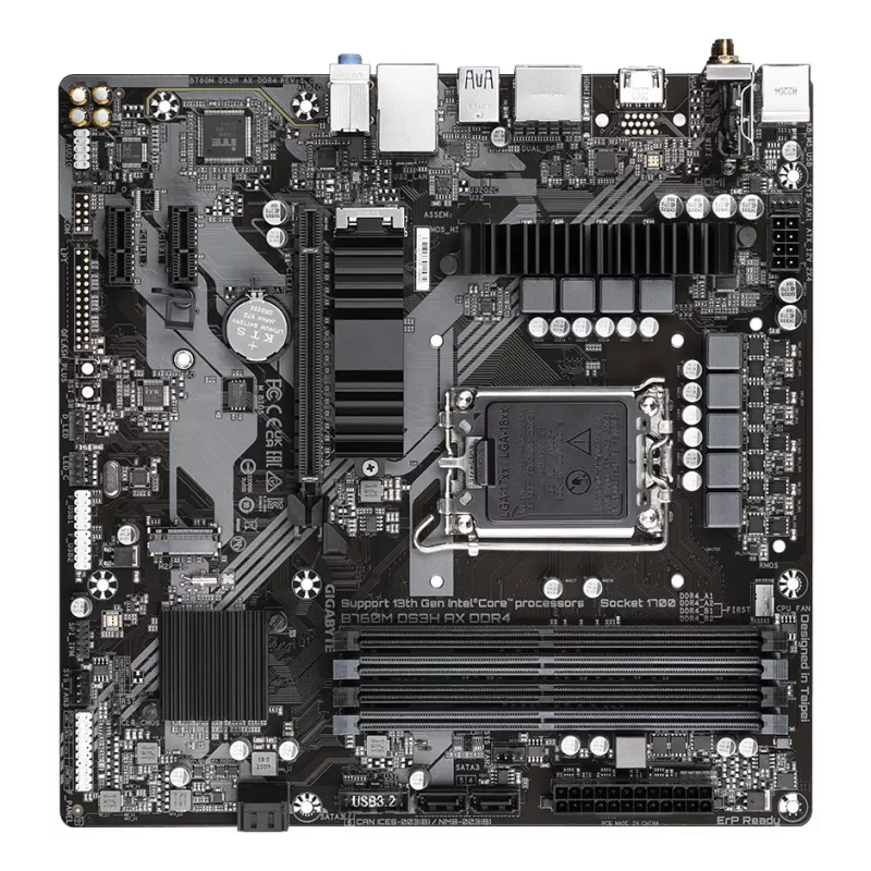 GIGABYTE B760M DS3H AX DDR4 mātesplate - atbalsta Intel Core 14. paaudzes CPU, 6+2+1 fāžu digitālais VRM, līdz 5333MHz DDR4 (OC), 2xPCIe 4.0 M.2, Wi-Fi 6E, 2.5GbE LAN, USB 3.2 Gen2