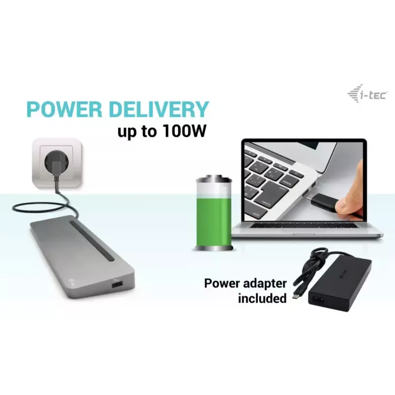 i-tec USB-C metāla ergonomiskā dokstacija ar 3x 4K displeju atbalstu un 100 W barošanu + universāls lādētājs 100 W