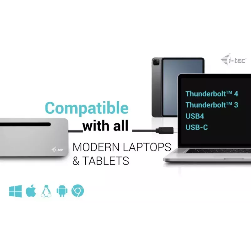 i-tec USB-C metāla ergonomiskā dokstacija ar 3x 4K displeju atbalstu un 100 W barošanu + universāls lādētājs 100 W