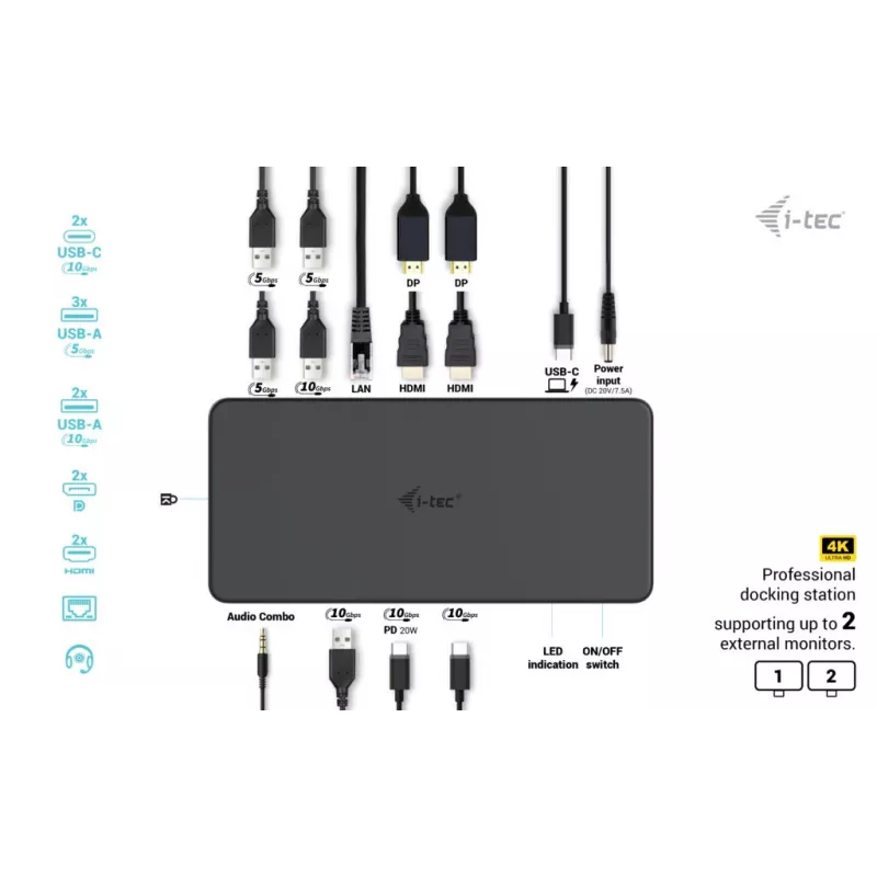 i-tec USB 3.0 / USB-C / Thunderbolt 3 Professional Dual 4K Displeja Dokošanas stacija 2. paaudze + Power Delivery 100W