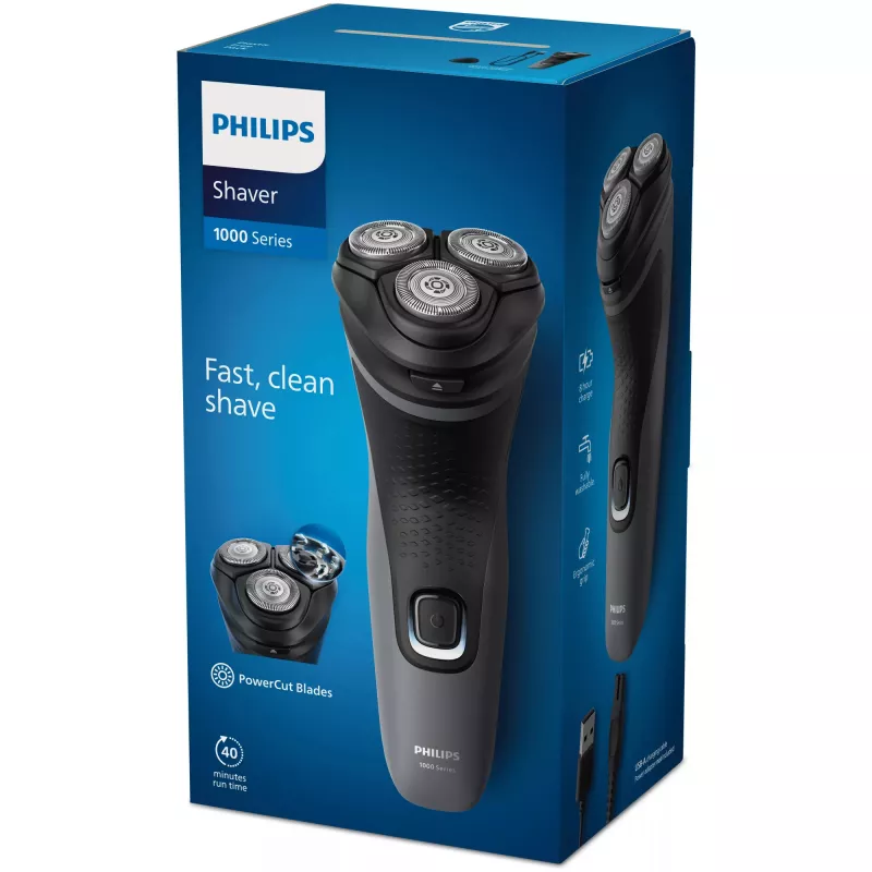 Philips Shaver 1000 Series S1142/00 Elektriskais skuveklis, Rotācijas skuveklis, Melns, Pelēks, PowerCut asmens sistēma, SH30, 2 gadi, Baterija