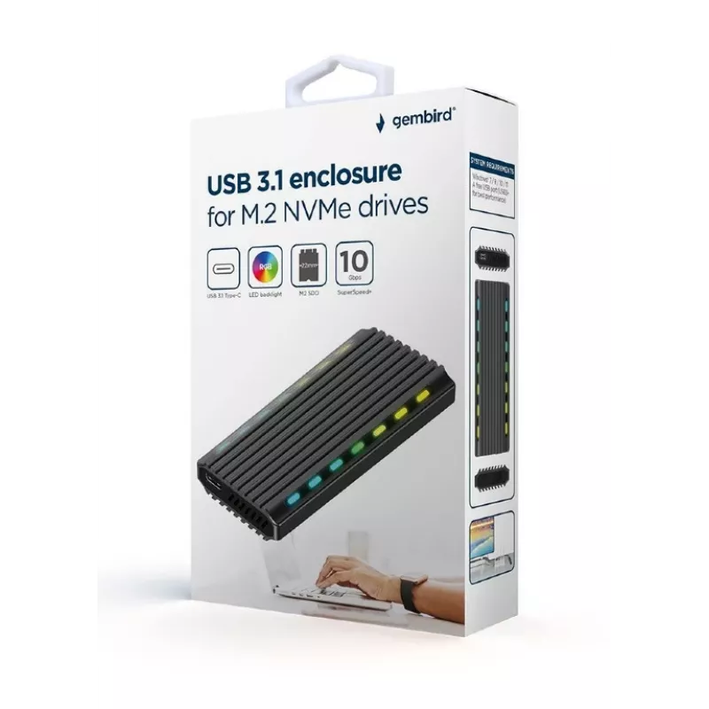 SSD korpuss GEMBIRD EE2280-U3C-03 melns vienam M.2 diskdzinim, USB 3.2 Gen 2 (10 Gbit/s), USB Type-C, alumīnijs